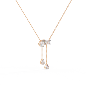10K 14K 18K Rose Gold Lariat <b>Necklace</b> Featuring Pear and Emerald Cut Lab Grown Diamond Charms with Elegant Dual Dangle Chain - Product Image 3