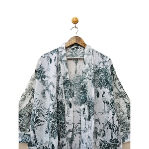 Kimono léger en coton biologique écologique pour femmes, bloc de main imprimé, vêtements d'été, décoration perlée, taille naturelle douce - Product Image 6