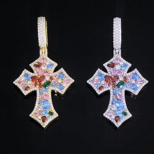 <b>Mens</b> Rose Gold Hip Hop Moissanite <b>Cross</b> <b>Pendant</b> Iced Multicolor Stone 925 Silver Rhodium Plated Luxury Statement Necklace Party - Product Image 1