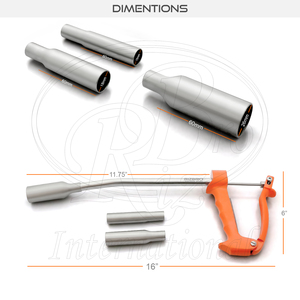 Pistola aplicadora de calcio para cabras y ovejas con 2 cabezales adicionales, tamaños 12x30mm, 16x32mm, 26x60mm, longitud 11.5 pulgadas, cuerpo metálico, mango de aluminio - Product Image 4