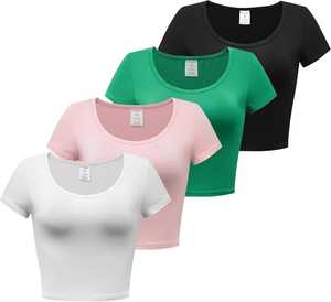 เสื้อครอปท็อปผู้หญิง แขนสั้น คอกว้าง สีพื้น แห้งเร็ว ทรงเข้ารูป สวมใส่สบาย ผ้าเจอร์ซีย์ถัก ระบายอากาศได้ดี ผลิตจากโพลีเอสเตอร์ - Product Image 1
