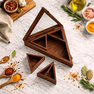 Wooden Triangular Spice Box Indian Rosewood Masala Dabba Kitchen <b>Storage</b> Organizer with Lid Spoon Handmade Traditional <b>Container</b> - Product Image 3