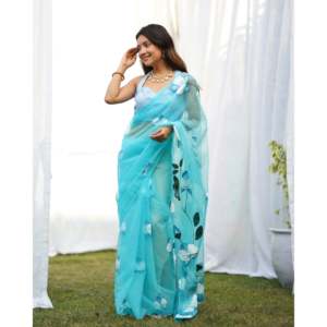 Sari en tissu organza pur, léger, transparent, dessiné à la main, séchage rapide, pour mariage, fête, usage quotidien, traditionnel - Product Image 6