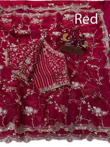 <b>Red</b> Embroidered Premium Chiffon <b>Saree</b> Gold Thread Work Summer Quick Dry Slim Fit Wedding Party Wear Women Traditional - Product Image 1