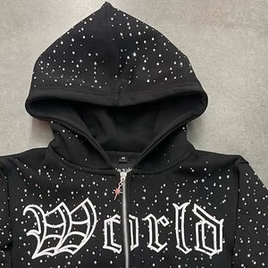 Sudadera con capucha negra para hombre con cremallera y pedrería, estampado de letras góticas, estilo oversize, streetwear - Product Image 1