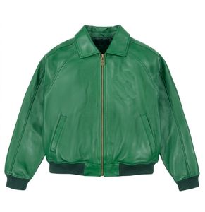 Blouson bomber en PU vert pour homme, col rabattu, fermeture éclair, style décontracté, coupe classique, vêtement d'automne - Product Image 5