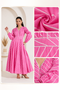 Vestido Maxi Rosa a Rayas con Cuello en V y Mangas Abullonadas, Corte A, Cintura Imperio, Casual de Verano, Tejido Transpirable, Ajuste Holgado - Product Image 6