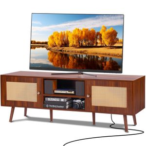 Metà del secolo moderno 65 pollici TV Stand Boho Rattan & noce armadietto ripiani regolabili costruire-in porte USB per soggiorno Media Room - Product Image 1