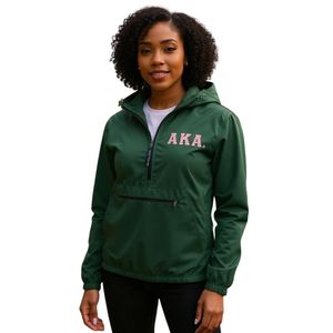 Dark Green Women Pack able Hooded Pullover Windbreaker with Pink Letter Patch Lightweight Half Zip Outdoor Casual <b>Jacket</b> Wear - Product Image 1