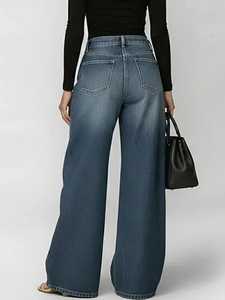 Jean taille haute à jambe large, longueur intégrale, en denim bleu uni, style décontracté avec découpes, délavé, en coton tissé, pantalon pour femme - Product Image 4