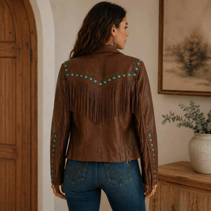 Chaqueta de Motociclista de Cuero Genuino Marrón para Mujer, Marca Fazmax, con Flecos, Cuello Camisero, Cierre de Cremallera, Manga Larga, Estilo Occidental, para Otoño - Product Image 5