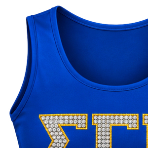 Womens Royal Blue Tank <b>Top</b> Rhinestone Greek Letter Graphic Sleeveless Scoop Neck Athletic Sports Shirt Casual Summer Activewear - Product Image 4