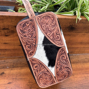 Handmade Cowhide & Tooled <b>Toiletry</b> Travel <b>Bag</b> <b>for</b> Women's Floral Genuine Leather Cosmetic Pouch Western Style Makeup Organizer - Product Image 2