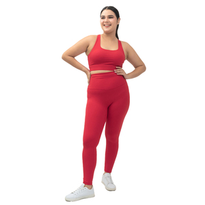Women 2 Piece Yoga Set <b>Red</b> Seamless High Waist Leggings <b>Crop</b> <b>Top</b> Racerback Solid Color Plus Size Activewear Workout Wear - Product Image 1