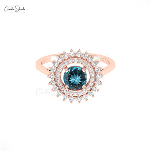 Anillo de cóctel con doble halo de topacio azul de Londres de corte redondo de 6 mm y diamantes en oro macizo de 14k, anillo de compromiso y boda. - Product Image 2