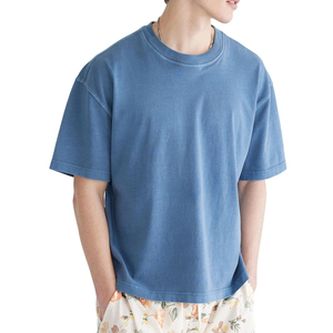 เสื้อยืดคอกลมแขนสั้นทรงโอเวอร์ไซส์สำหรับผู้ชาย สีน้ำเงินวินเทจ ผ้าฝ้ายถักเนื้อนุ่ม สไตล์ลำลอง - Product Image 2