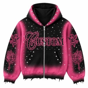 Custom Pink Black Rhinestone <b>Zip</b> <b>Hoodie</b> <b>Y2K</b> Angel Rose Graphic Washed Distressed Oversized Streetwear Acid Wash 100% Cotton - Product Image 1