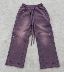 Custom Washed Wide Leg Sweatpants Unisex Casual <b>Loose</b> Fit <b>Jogger</b> Pants with Rhinestone Star Details Distressed Hem - Product Image 3