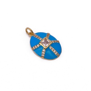 Elegante colgante ovalado de esmalte azul con piedra CZ central, abalorio geométrico chapado en oro para collar, joyería - Product Image 2