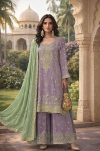 Traje Salwar de Chinnon Pesado Estilo Pakistaní con Palazzo y Dupatta, Conjunto Bordado para Fiestas, Vestido Étnico Tradicional para Mujer - Product Image 3