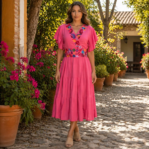 Elegante Vestido Midi con Capas, Bordado Floral Vibrante Hecho a Mano y Mangas con Volantes, Vestido de Algodón con Cuello en V y Corte en A para Mujer - Product Image 6