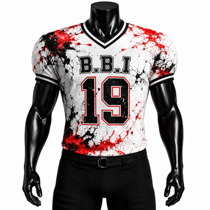 B.B. personnalisé Maillot de football américain INDUSTRY blanc, rouge et noir à motif géométrique, imprimé par sublimation, col en V, manches courtes, anti-humidité - Product Image 4
