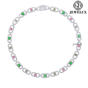 Premium Quality Women's 925 Silver Rhodium Plated <b>Statement</b> <b>Necklace</b> With Moissanite Emerald Cut Stones Geometric Link Chain - Product Image 2