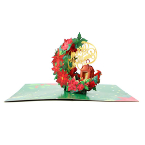 Carte de vœux 3D pop-up en gros, thème couronne de Noël florale, carte de vœux 3D de Noël avec enveloppe, carte de vœux faite à la main pour cadeaux - Product Image 2