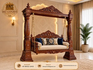 Columpio de madera maciza tallada estilo Maharaja para el hogar, columpio de cuatro postes, estilo europeo antiguo, color marrón, columpio de porche para exteriores, banco de porche, EE. UU. - Product Image 2
