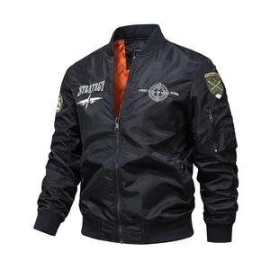 Blouson Bomber Vintage Unisexe Col Montant Tissé Ample Décontracté Brodé Hiver Teint Fermeture Éclair Boutons Style Motard Américain - Product Image 1