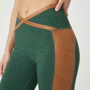High Waist Color Blocked Yoga Leggings With Side Stripe Full Length Stretch Pants For Women Green And Brown Contrast Design - Product Image 4