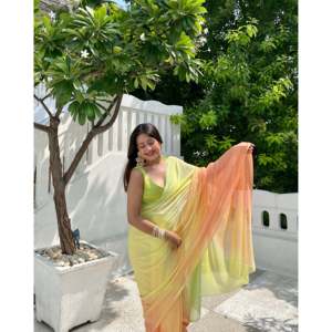 Sari de Chifón Verde Arcoíris sin Mangas, Étnico, Moderno, para Mujeres de India y Pakistán, Disponible en Todas las Temporadas, para Fiestas, Bodas y Eventos - Product Image 6