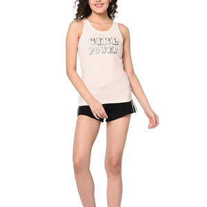 Ensemble short 2 pièces en tricot crème pour femme, col rond, sans manches, imprimé pailleté, style décontracté Girl Power, pour le printemps et l'été - Product Image 2