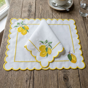 Custom Wholesale Luxury Embroidery Lemon Cotton <b>Placemat</b> Napkin Set Yellow Scallop Border Mats Machine Washable Home Wedding - Product Image 1