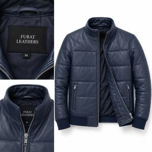 Blouson bomber en cuir bleu pour homme, fermeture éclair, coupe-vent, respirant, séchage rapide, polyester écologique antibactérien - Product Image 1