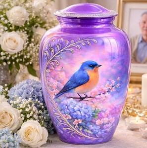 Urna Funeraria con Diseño de Colibrí y Flor en Tono Púrpura, con Acabado Artístico Suave, para Homenaje a Adultos - Product Image 1