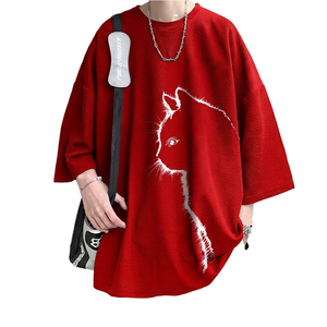 T-shirt noir surdimensionné pour homme avec imprimé chat blanc, manches courtes, col rond, style streetwear, tissu jersey respirant, coupe ample - Product Image 4