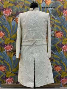 Sherwani para Hombre con Patrón de Escudo Mandala, Sin Arrugas, Festivo, para Boda, Base de Seda Vergo Premium, Color Marfil Tonal con Cuentas, Atuendo Tradicional - Product Image 1