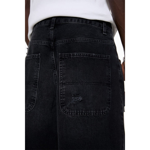 Shorts en jean baggy déchirés pour hommes, coupe ample, jambe large, délavage vintage, style urbain, streetwear, décontracté, effet moustaches, longueur genou - Product Image 2