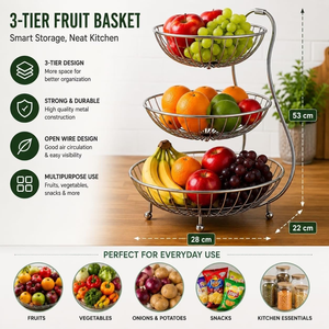 Cesta para Frutas de Acero Inoxidable, de Tres Niveles, con Soporte de Alambre, Organizador de Almacenamiento de Frutas y Verduras para Encimera de Cocina - Product Image 6