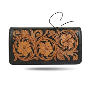 Portefeuille noir pour femme en cuir véritable sculpté à la main avec motifs floraux, portefeuille à deux volets pour usage quotidien, porte-cartes et porte-espèces style cowgirl - Product Image 1