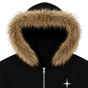 <b>Men's</b> <b>Black</b> Fur Hooded Zip Up Hoodie Cotton French Terry Printed Star Logo Winter <b>Sweatshirt</b> - Product Image 5