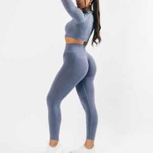 Vente en gros de vêtements de sport pour femmes avec logo personnalisé, hauts courts à manches longues extensibles sans couture, pantalons de yoga - Product Image 5