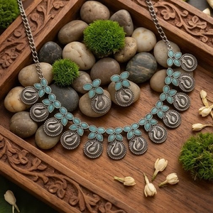 DIVYORO TURQUOISE PEACOCK LINK CLASSIC STATEMENT OXIDIZED SILVER <b>LONG</b> ADJUSTABLE <b>NECKLACE</b> for WOMEN'S ANNIVERSARY - Product Image 2