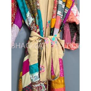 Vestido de seda Vintage indio hecho a mano, estilo Kimono Floral, ropa de dormir térmica multicolor, albornoz para la vida diaria de verano - Product Image 6