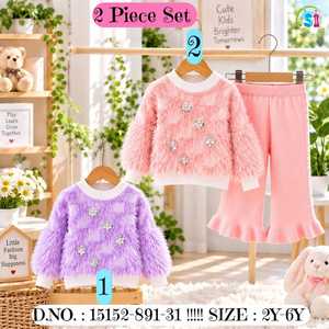 Children's 2-Piece Polyester Knit Sweater Set with Faux <b>Fur</b> <b>Trim</b> in Pink Green Blue Sizes 2Y-6Y - Product Image 3