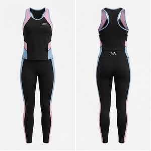 Ensemble de yoga 2 pièces North Approach, coloris noir, rose et bleu, débardeur dos nageur et leggings longs sans couture, extensibles, pour le sport - Product Image 1