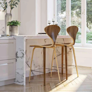 Mid Century Modern Walnut Plywood Bar <b>Stool</b> with Upholstered <b>Seat</b>, Nordic Counter Height Chair for Kitchen Island and Restaurant - Product Image 2