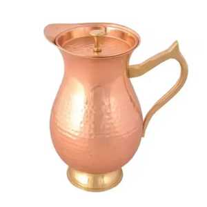 Ornate Hammered Copper <b>Jug</b> Brass Handle Base Pitcher with Lid Ayurvedic Health Drinkware Restaurant Hotel Serveware - Product Image 2