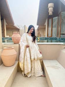 Cream Anarkali Gown Pantufla Dupatta Long Sleeve Party Dress Indian Pakistani Clothing - Product Image 1